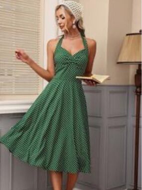 SHEIN Green Polka Dot Halter Sweetheart Midi Dress